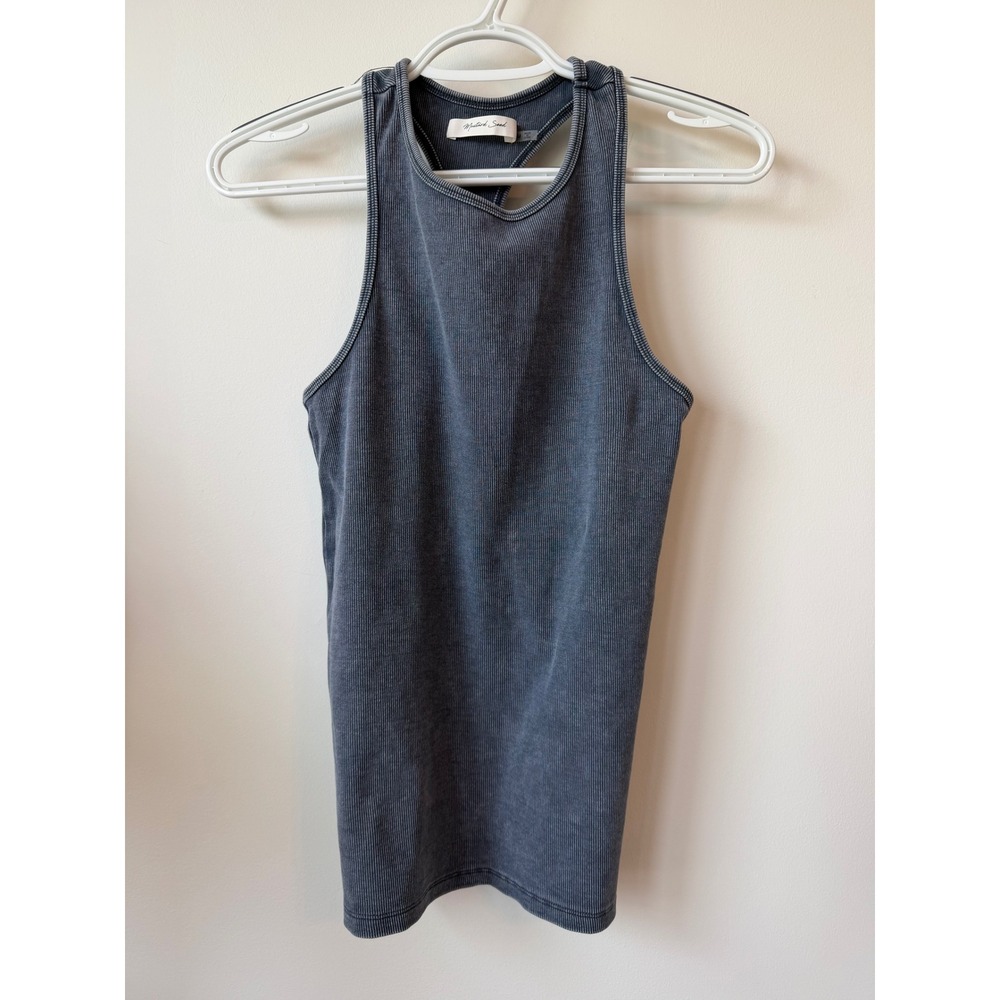 Mustard Seed Womens Ribbed Racerback Tank Top Gray Mineral Wash Sleeveless Med